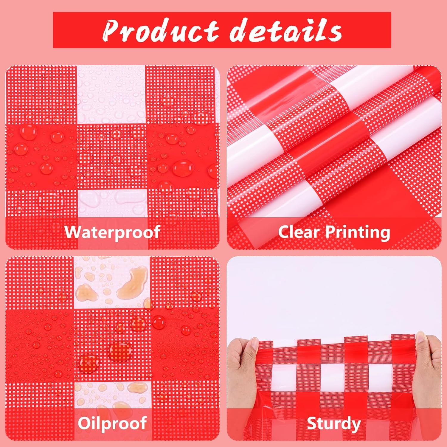 Red Gingham Plastic Tablecloth Roll 54 Inch X 120Ft Red Checkered Disposable Plastic Table Cover Rolls with Easy Slide Self Cutter Box- Cut to Any Size Disposable Tablecloth for Picnic Party