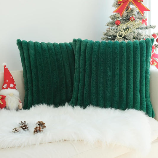 Pack of 2 Faux Fur Plush Decorative Throw Pillow Covers Couch Cushion Case Soft Pillowcases (Dark Green, 20 X 20-Inch)