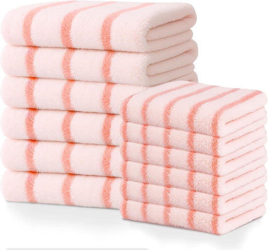 12 PCS Pink Kitchen Towels and Dishcloths Sets, Microfiber Cleaning Cloth, Dish Cloths for Washing Dishes, Drying Towel for Kitchen, Hand Rags with Hanging Loops