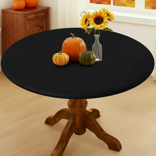 round Picnic Tablecloth, Waterproof Elastic Fitted Table Covers for 36" - 44" Tables, Wipeable Flannel Backed Vinyl Tablecloths for Camping, Indoor, Outdoor, Black