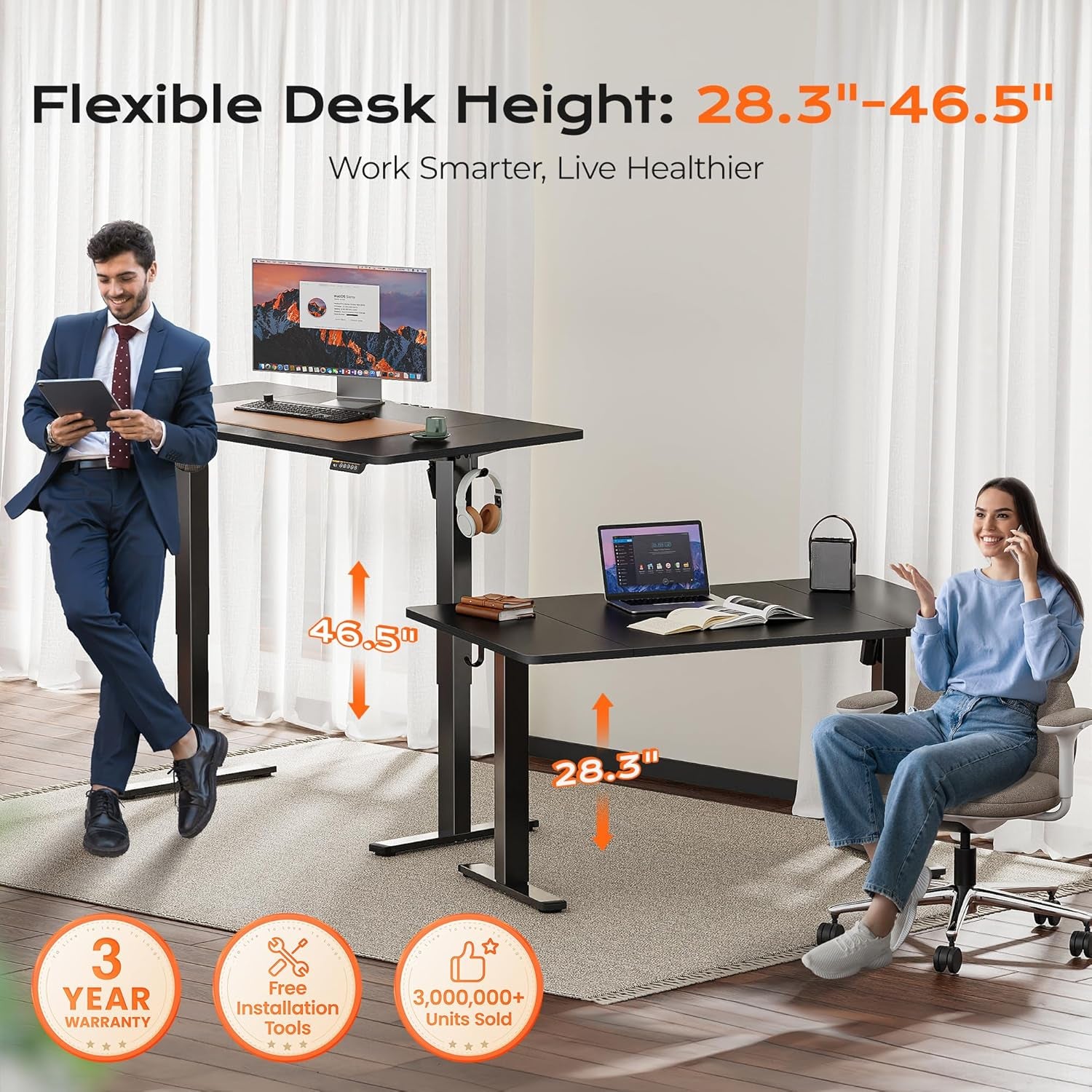 Large Electric Height Adjustable Standing Desk - 55" x 28" with 27.6" Deep Surface, 3 Preset Heights, 2 Hooks, Ideal for Home Office and Gaming, Black