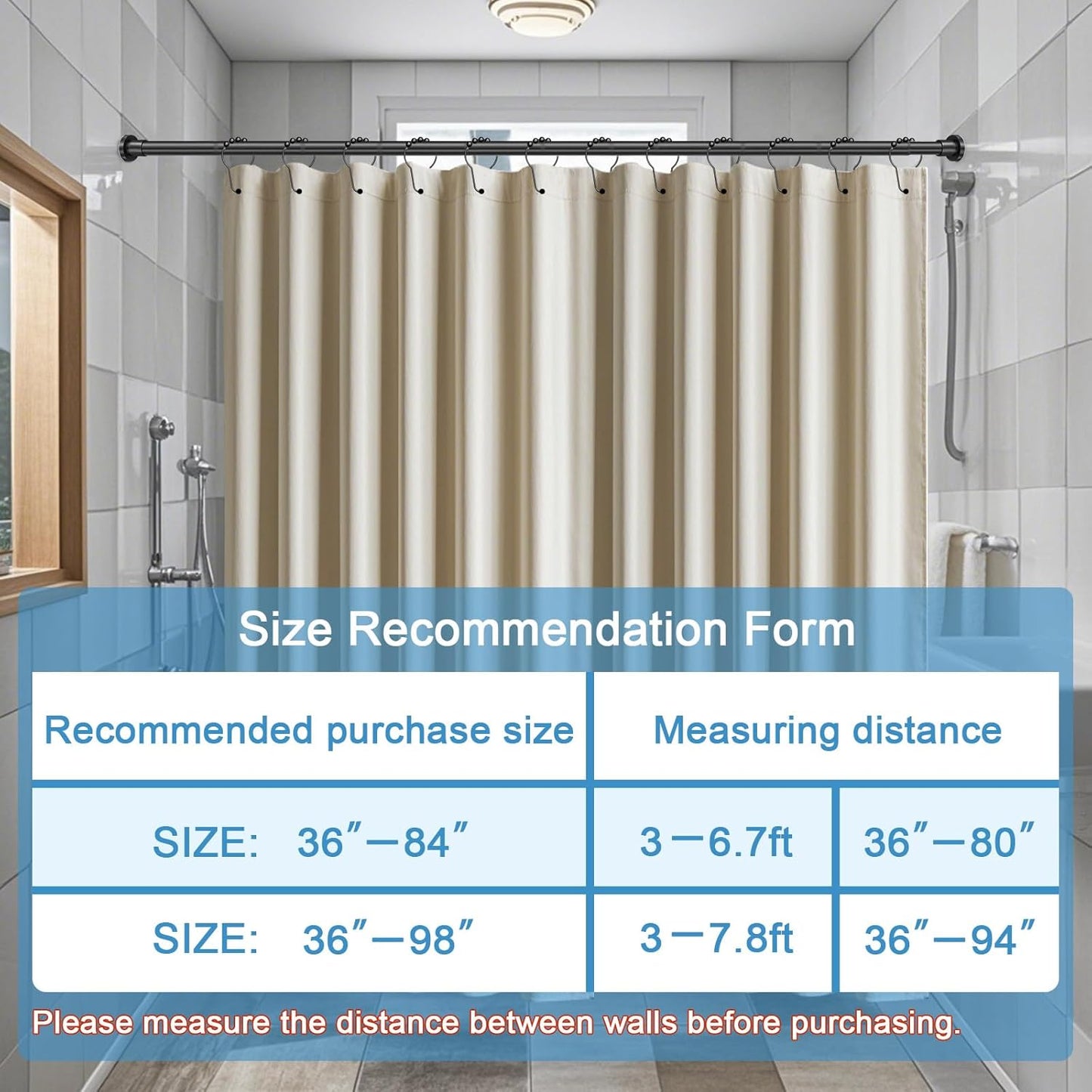 Black Shower Curtain Rod 36-84 Inches (3-7Ft) Non Rust Adjustable Shower Rod Spring Tension Non Slip No Drilling Stainless Steel Shower Rods for Bathroom Window