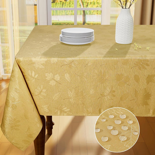 Rectangle Thanksgiving Tablecloth, 60X84 Inch Fall Waterproof Damask Table Cloth, Autumn Leaves Fabric Jacquard Table Covers for Harvest Parties, and Holiday Dinner, Gold