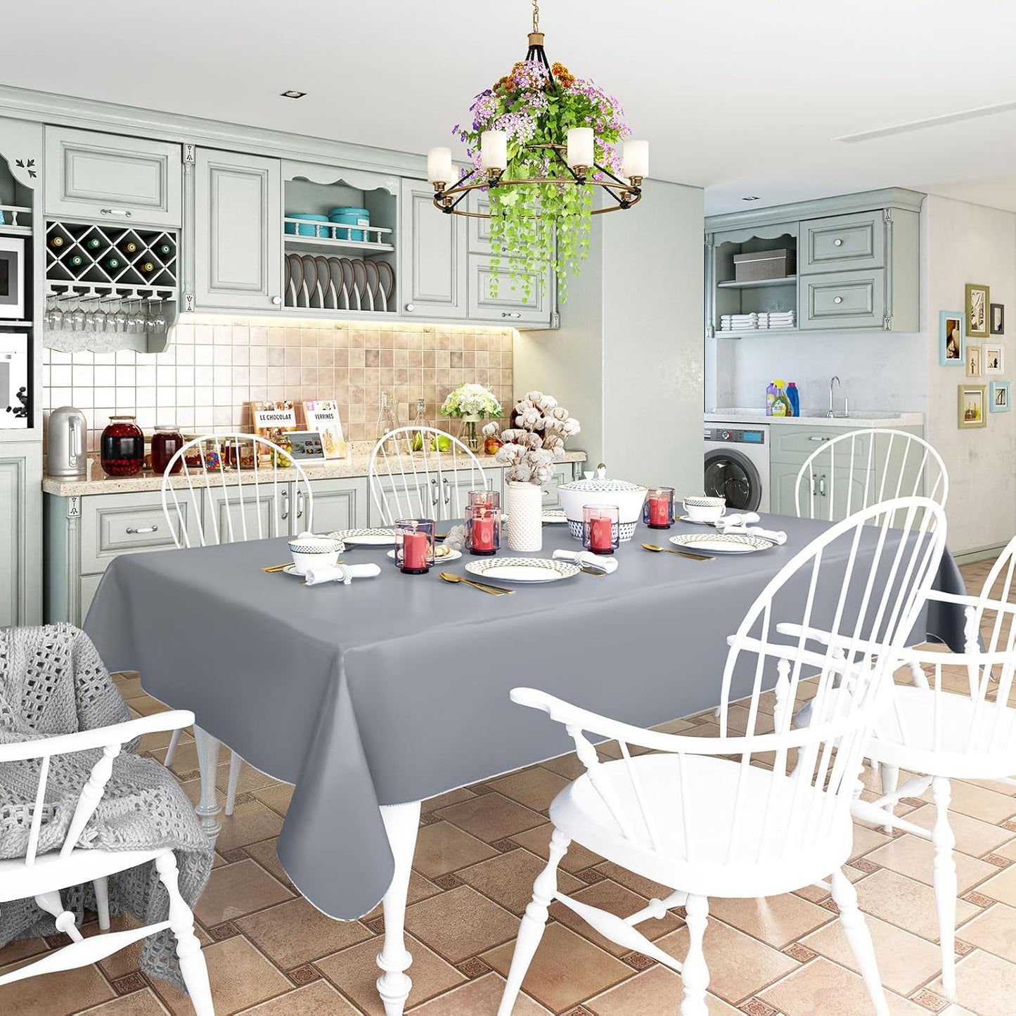 2 Pack Rectangle Vinyl Tablecloth, Waterproof Spillproof Plastic Flannel Backed Table Cloth, Wipe Clean Table Cover for Dining Table, Buffet Parties and Camping (Grey, 52" X 70")