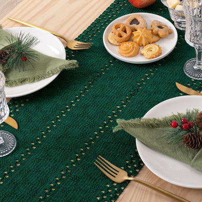 Macrame Table Runner 12 X 36 Inches Boho Farmhouse Table Runner with Tassels Cotton Linen Woven Table Runner for Spring Dining Table Home Decor, Emerald Green