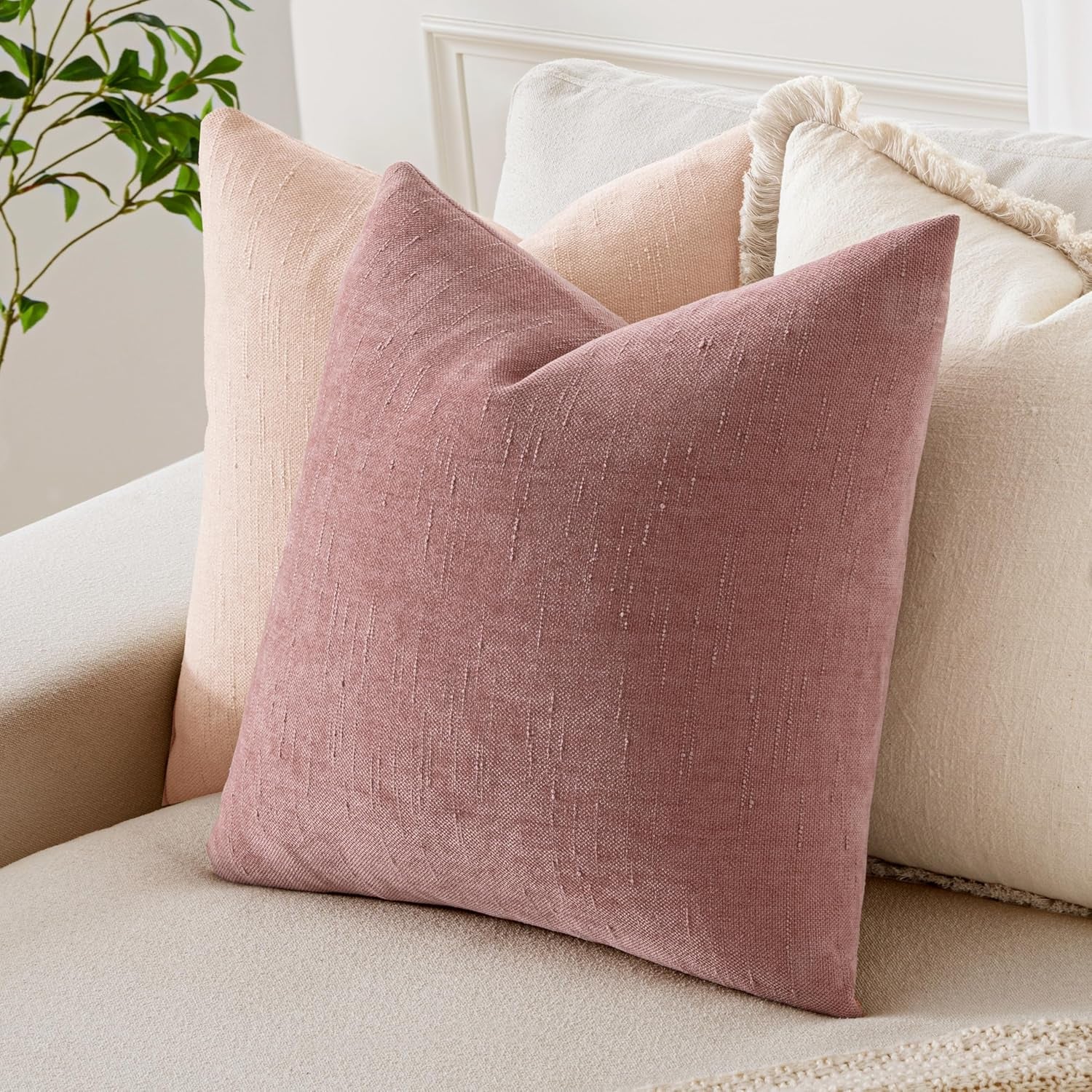 Set of 2 Soft Chenille Decorative Throw Pillow Covers - Solid Textured Cushions for Spring and Valentine's Day, 20x20 Inch, Blush Pink