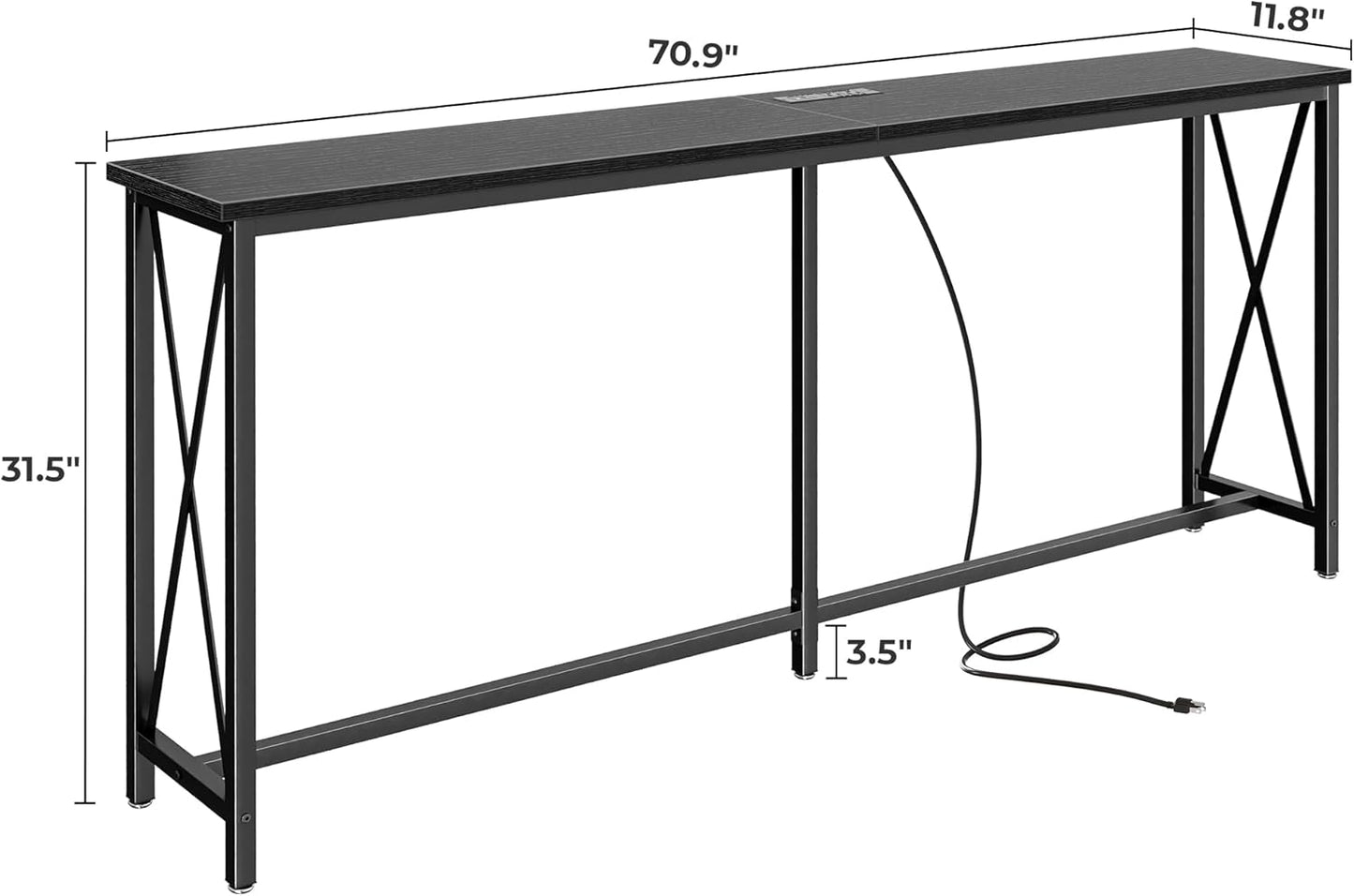 70-Inch Console Table with Outlets and USB-C Port, Extra Long X-Shaped Design for Entryway and Living Room, Metal Frame with Wooden Top, Black Finish