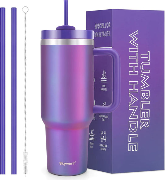 40 Oz Tumbler with Handle and Straw, 2 in 1 Lid, Vacuum Insulated Stainless Steel Double Wall Water Bottle Travel Mug - Holiday Gifts for Women Men - Aurora