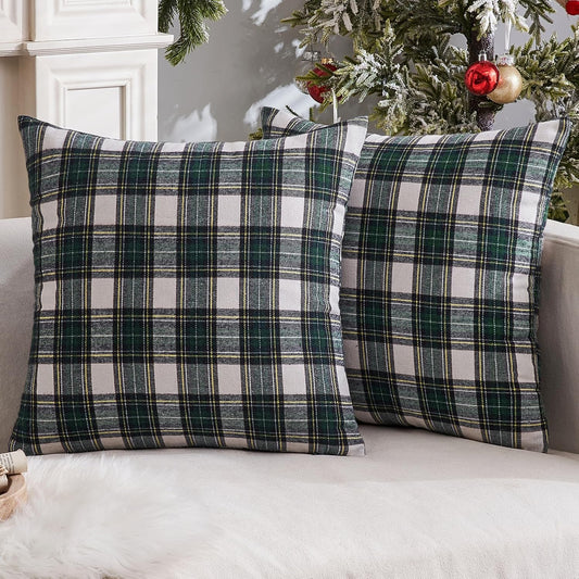 Christmas Set of 2 Scottish Tartan Plaid Throw Pillow Covers Farmhouse Classic Decorative Outdoor Square Cushion Cases for Decor Sofa Couch 18X18 Inch, Green and White
