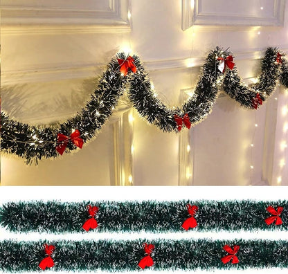 5M Christmas Tinsel Garland Christmas Tree Decorations Silver Foil Tinsel Garland Metallic Hanging Garland for New Year Party Holiday (Green W/Red Bow-16Ft (No Lights))