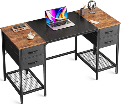 47-Inch Computer Desk with Four Drawers and Mesh Shelf, Versatile Office and Gaming Desk with Ample Storage for Home Office, Study, and Bedroom, Rustic Brown and Black Finish