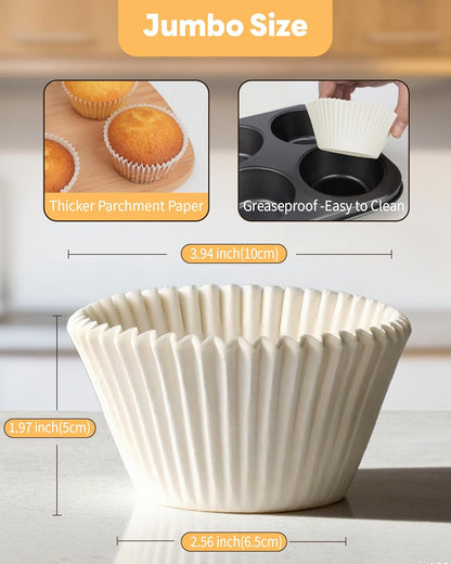 100Pcs Jumbo Cupcake Liners for Baking, White Jumbo Muffin Liners, Greaseproof Parchment Paper, Cupcake Wrapper for Party, Wedding, Birthday, Christmas