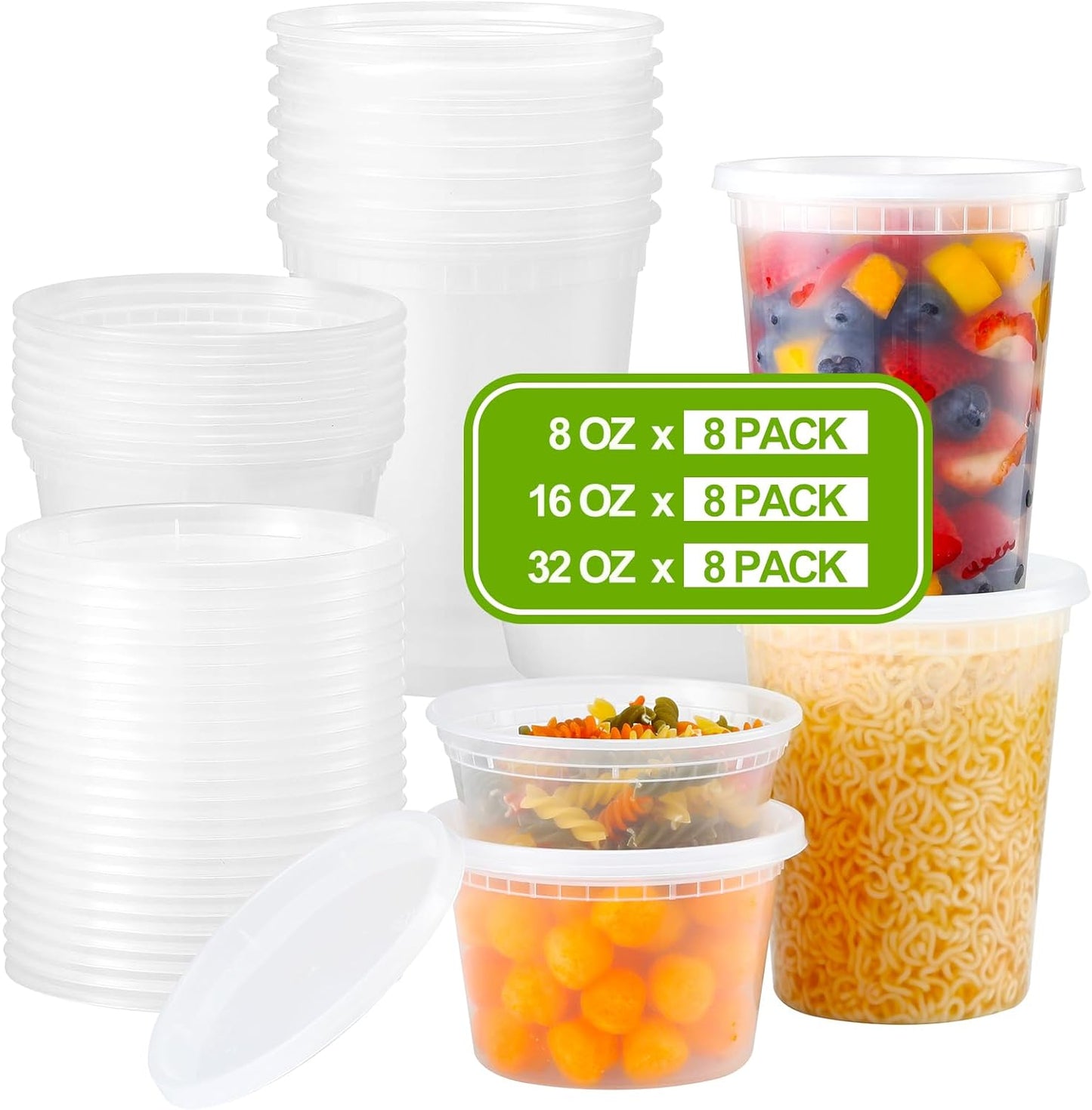 24 Sets Plastic Deli Food Containers with Lids, 8 Oz 16Oz 32Oz Variety Pack, Airtight Food Storage Containers, Freezer/Dishwasher/Microwave Safe, Soup Containers for Takeout Food Storage