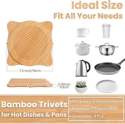 Bamboo Trivets for Hot Dishes, Hot Pots and Pans, 7.5 Inch Thick Heat Resistant Large Coaster for Kitchen, Hot Pads, Kitchen Essentials, Kitchen Decor for Table & Countertop, 2 round +2 Square