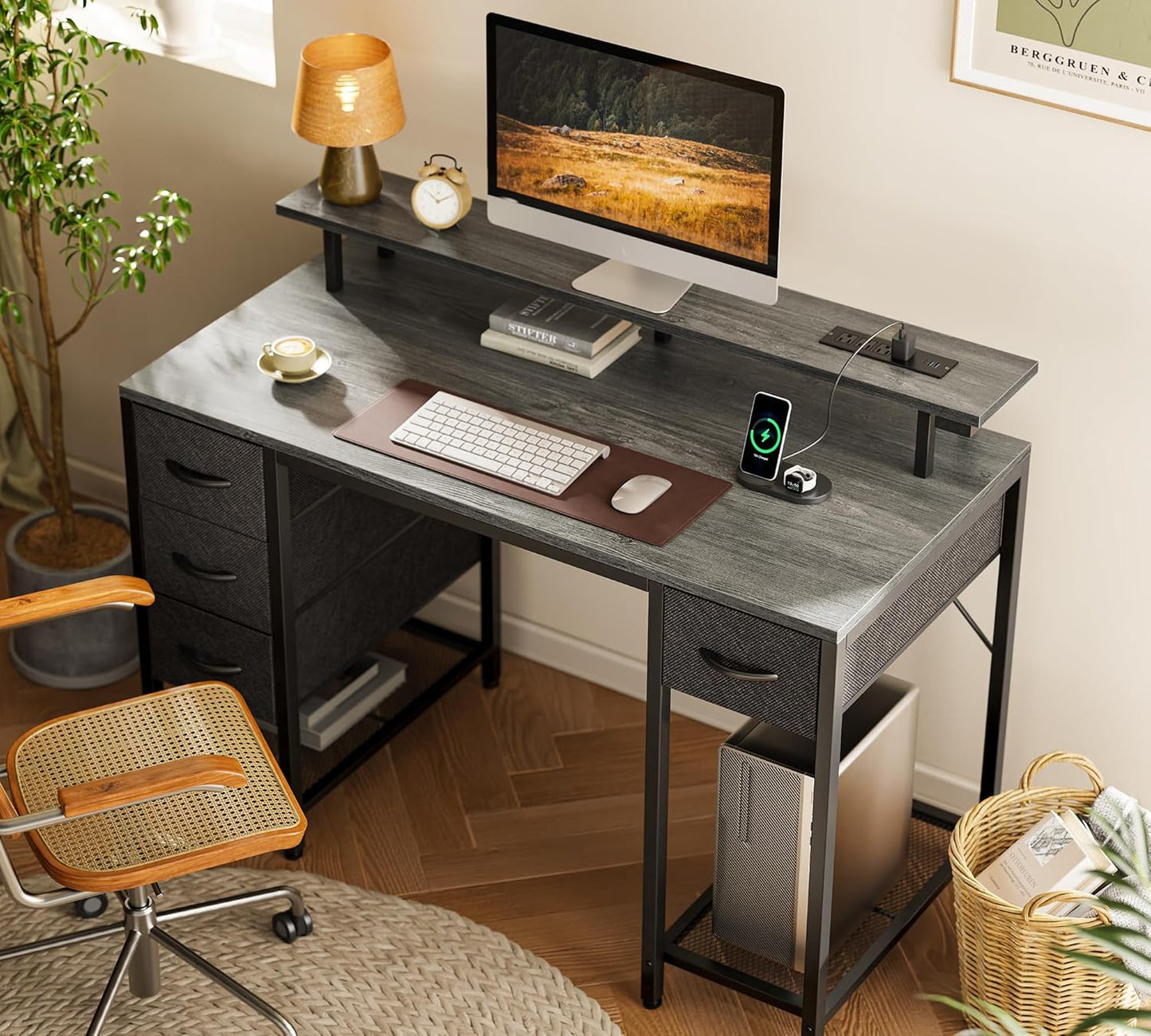 47-Inch Grey Computer Desk with 4 Drawers, LED Lighting, and Power Outlets - Ideal for Home Office and Gaming with Ample Storage Space