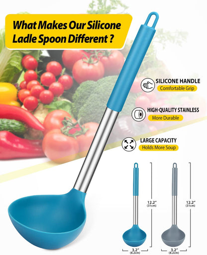 Pack of 2 Ladle Spoon,Silicone Large Spoon for Soup,Non Stick Kitchen Utensils with High Heat Resistant,Bpa Free Perfect Kitchen Tools for Cooking, Stirring,Serving Soups (GREY-BLUE)