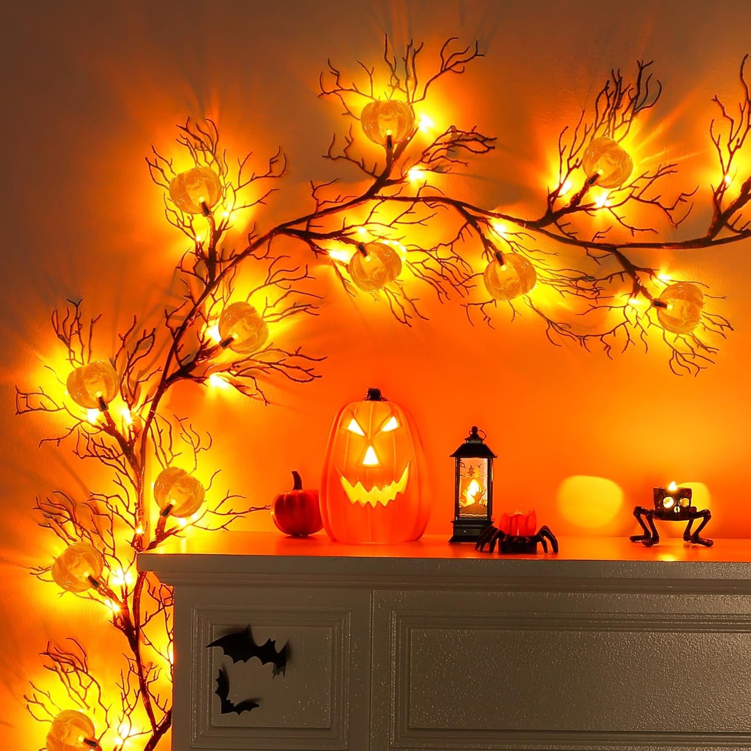 Halloween Garland with Lights Decorations with Pumpkin Lights,Battery Operated 6FT 47 LED Halloween Willow Vine Twig Garland for Mantle,Wall,Fireplace and Halloween Decorations