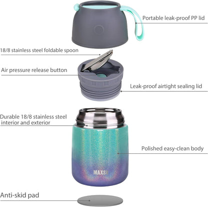 Insulated Thermo Soup Jar for Kids & Adults, 17 Oz Stainless Steel Thermal Food Container with Spoon, Triple Layer Insulation (Rainbow)