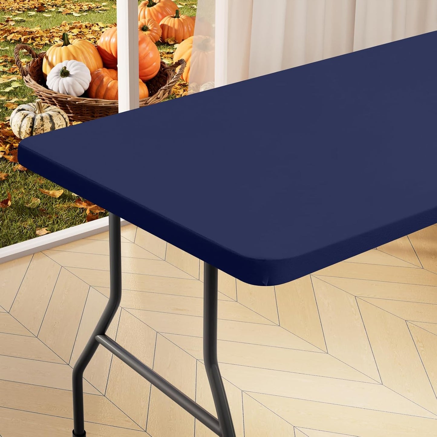 Rectangle Table Cloth Cover, Waterproof Polyester Elastic Fitted Tablecloth, Fits for 6 Foot Folding Tables, Washable Table Protector for Picnic, Camping, Outdoor (Navy Blue, 30" X 72")