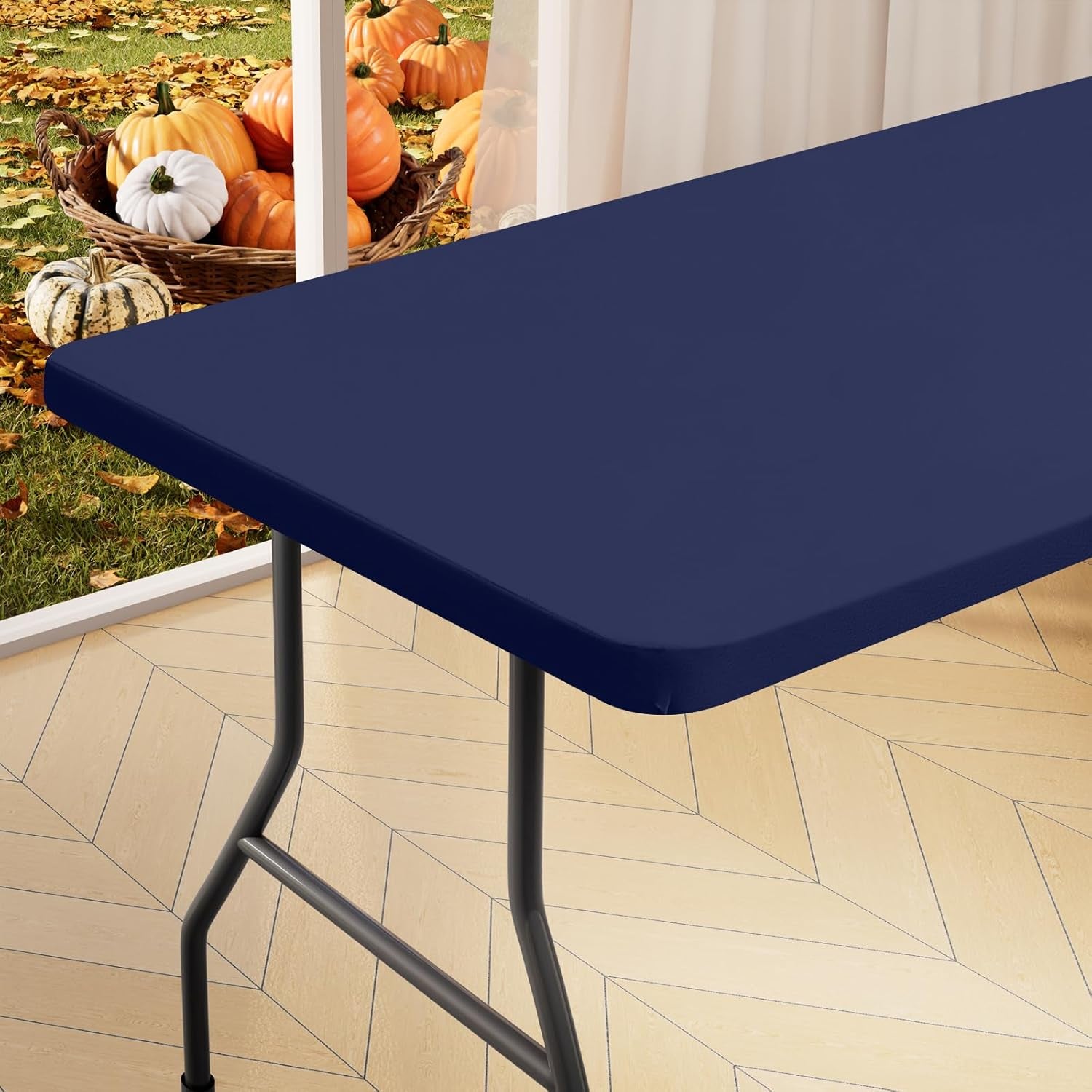 Rectangle Table Cloth Cover, Waterproof Polyester Elastic Fitted Tablecloth, Fits for 6 Foot Folding Tables, Washable Table Protector for Picnic, Camping, Outdoor (Navy Blue, 30" X 72")