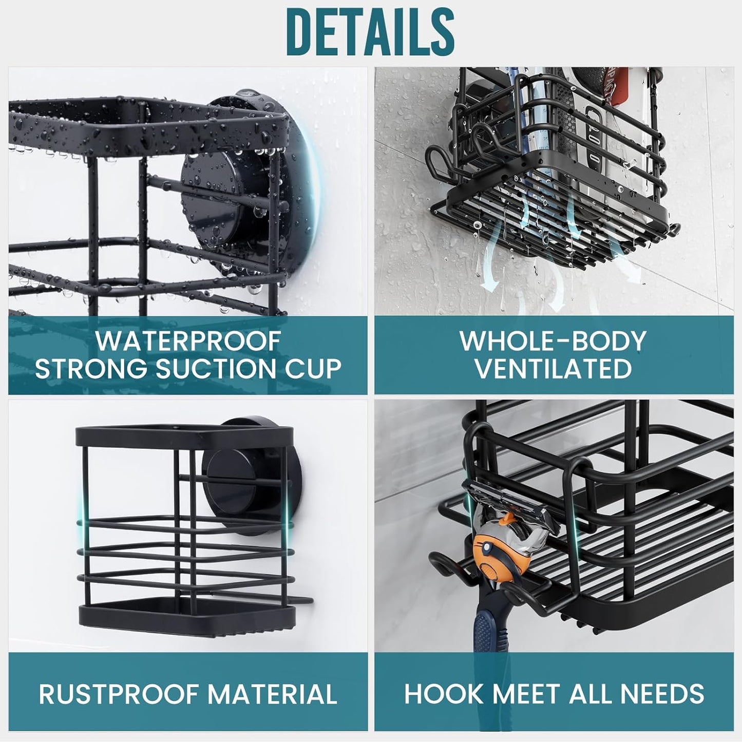 Patented Suction Cup Toothbrush Holder, Stainless Steel Anti-Puddling Shower Toothbrush Holder, No Drilling Removable Organizer for Bathroom Toothpaste, Razor, Kitchen and Office Items, Black