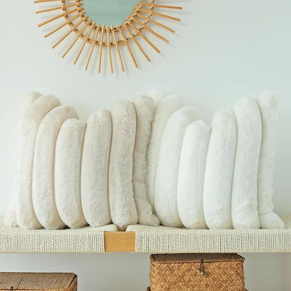 Pack of 2 Faux Fur Plush Decorative Throw Pillow Covers Couch Cushion Case Soft Fluffy Pillowcases Wide Stripe (Beige, 18 X 18 Inch)