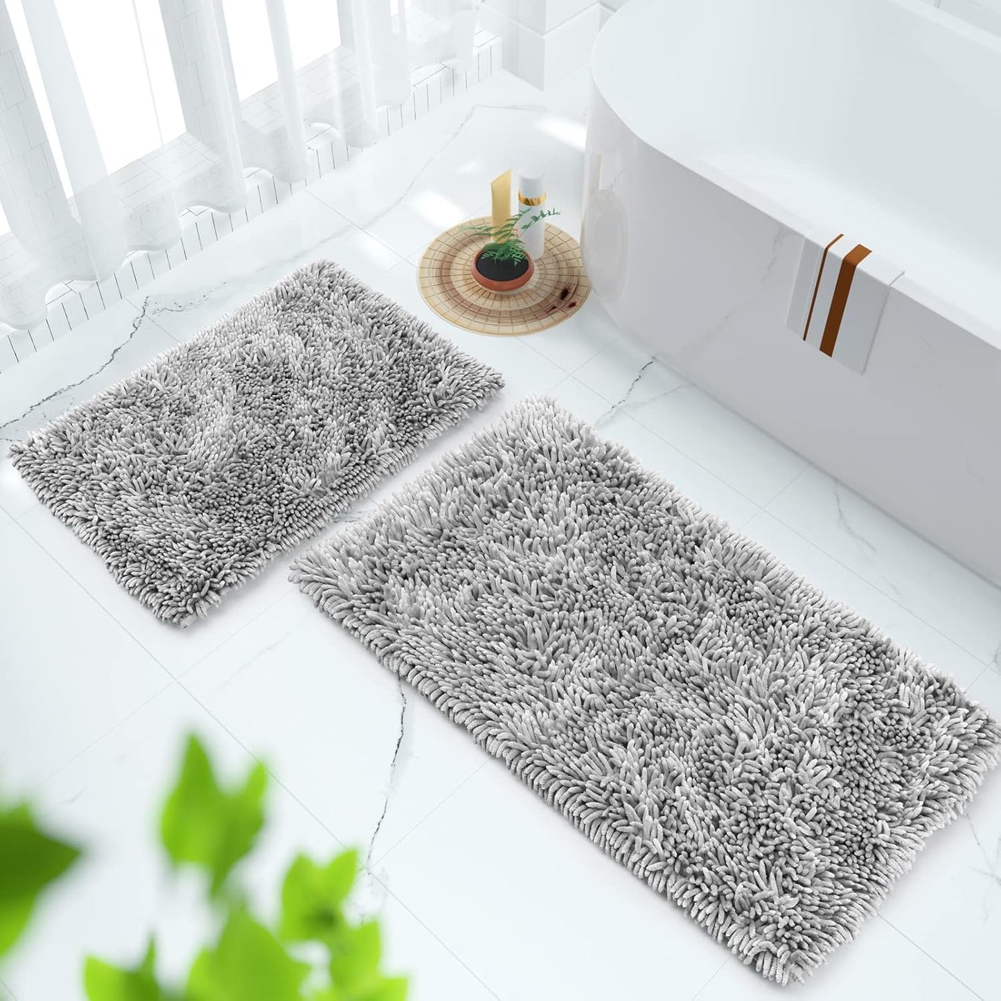Bathroom Rugs Sets 2 Piece, Luxury Shaggy Extra Thick Bathroom Rugs, Plush Non-Slip Mats for Bath Room Floor, Machine Wash, Ultra Absorbent, 31.5 X 19.8 + 24 X 17 Inches, Light Grey