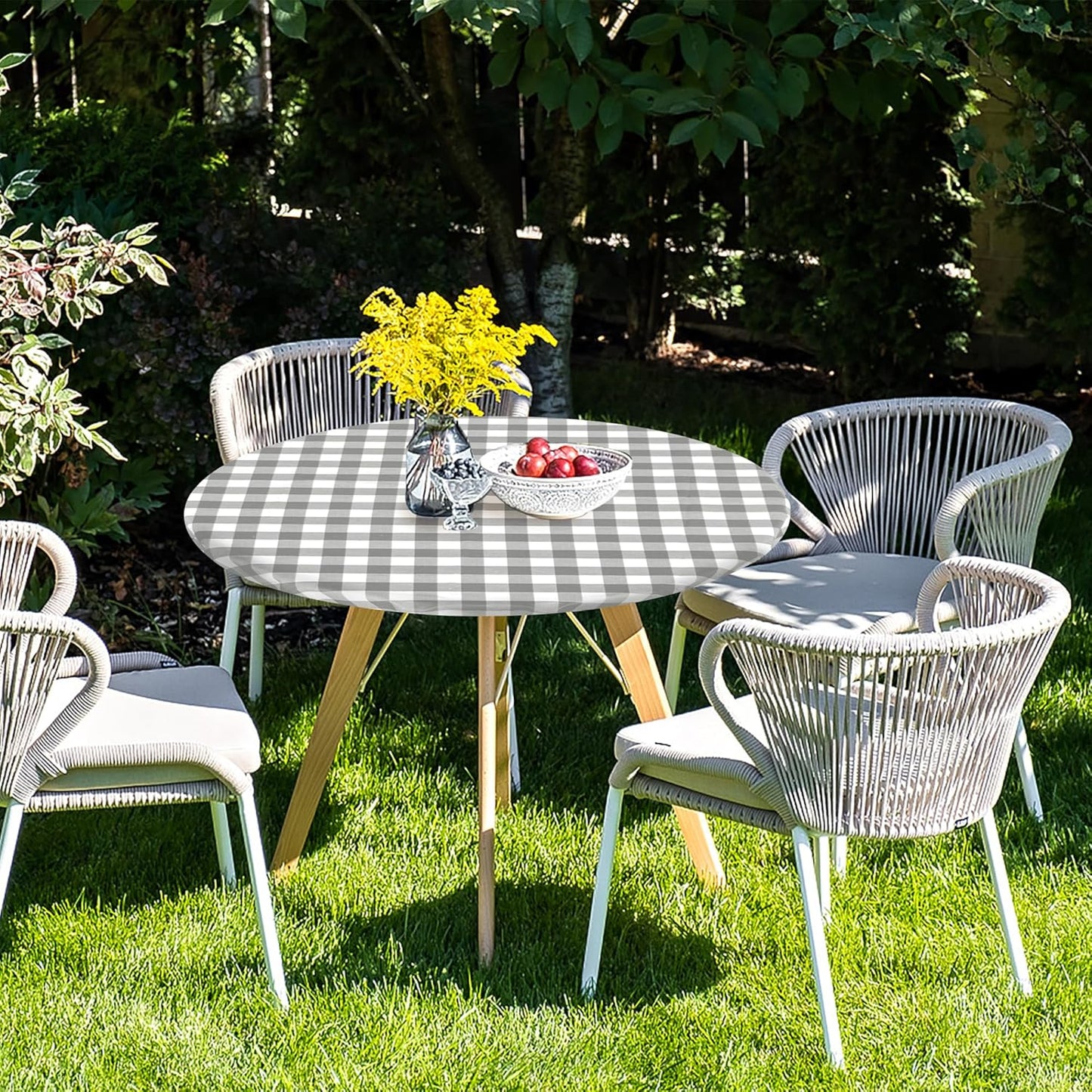 Round Vinyl Fitted Table Cover Set - 2 Pack Waterproof Checkered Elastic Edged Tablecloths with Flannel Backing for Picnics and Parties, Silver/White (Suitable for 45"-56" Round Tables)