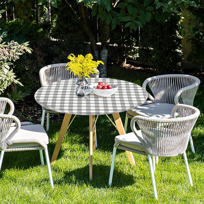 Round Vinyl Fitted Table Cover Set - 2 Pack Waterproof Checkered Elastic Edged Tablecloths with Flannel Backing for Picnics and Parties, Silver/White (Suitable for 45"-56" Round Tables)