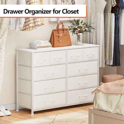 White Bedroom Dresser for 55” TV Stand - Entertainment Center with 10 Fabric Storage Drawers, Sturdy Metal Frame Tall Storage Cabinet for Living Room and Entryway