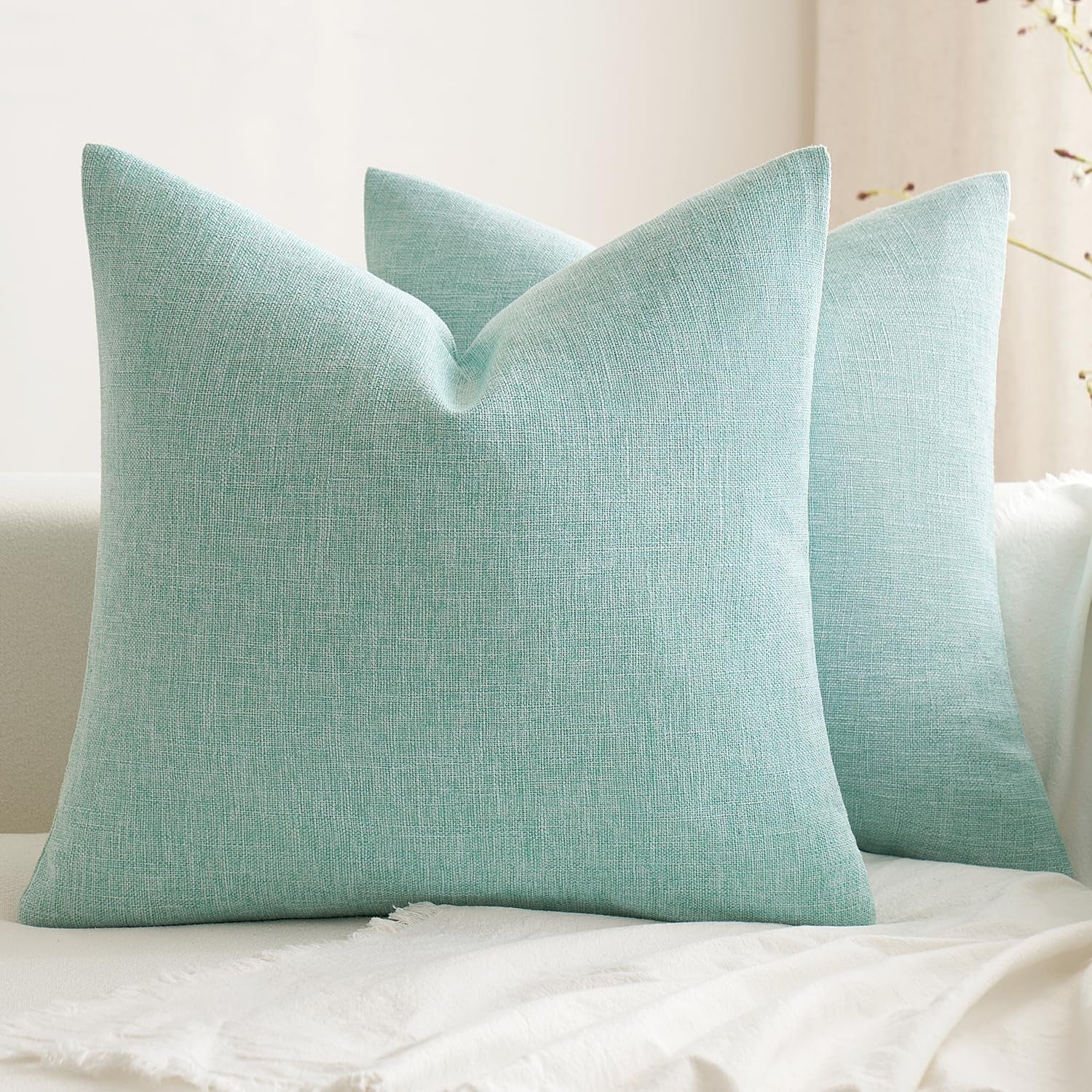 Pack of 2 Decorative Farmhouse Linen Pillow Covers Rustic Boho Accent Outdoor Couch Throw Pillow Covers for Cushion Bed Sofa Living Room Home Decor 18X18 Inch Aqua Green