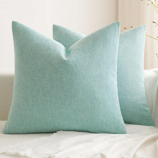 Pack of 2 Decorative Farmhouse Linen Pillow Covers Rustic Boho Accent Outdoor Couch Throw Pillow Covers for Cushion Bed Sofa Living Room Home Decor 18X18 Inch Aqua Green