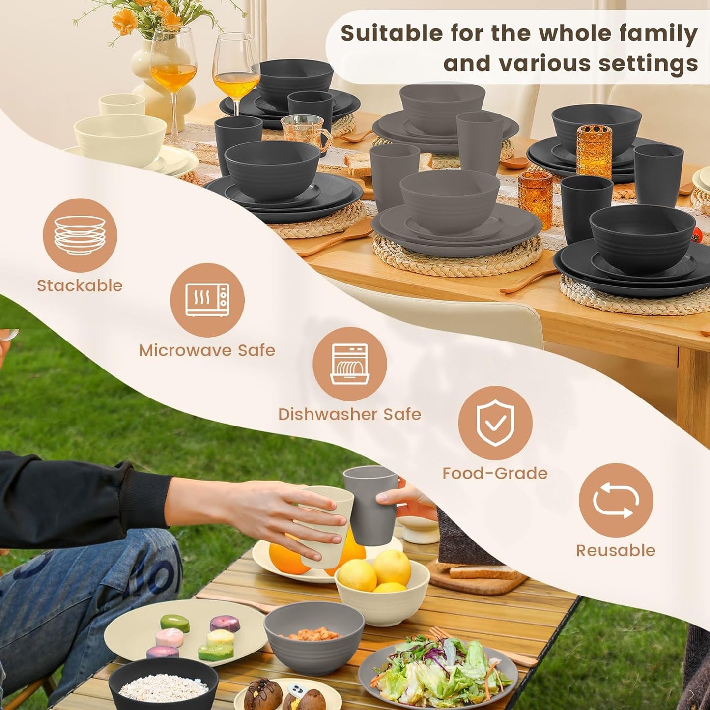 40-Piece Kitchen Wheat Straw Dinnerware Set - Includes Dinner Plates, Cereal Bowls, and Cups, Microwave and Dishwasher Safe, Unbreakable for Parties and Outdoor Use (Grey Stone)