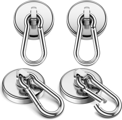 Heavy-Duty 100Lbs Neodymium Grade-52 Magnetic Hooks with Swivel Carabiner - 4 Pack for Versatile Hanging in Home, Office, Kitchen, Garage, and Cruise Use