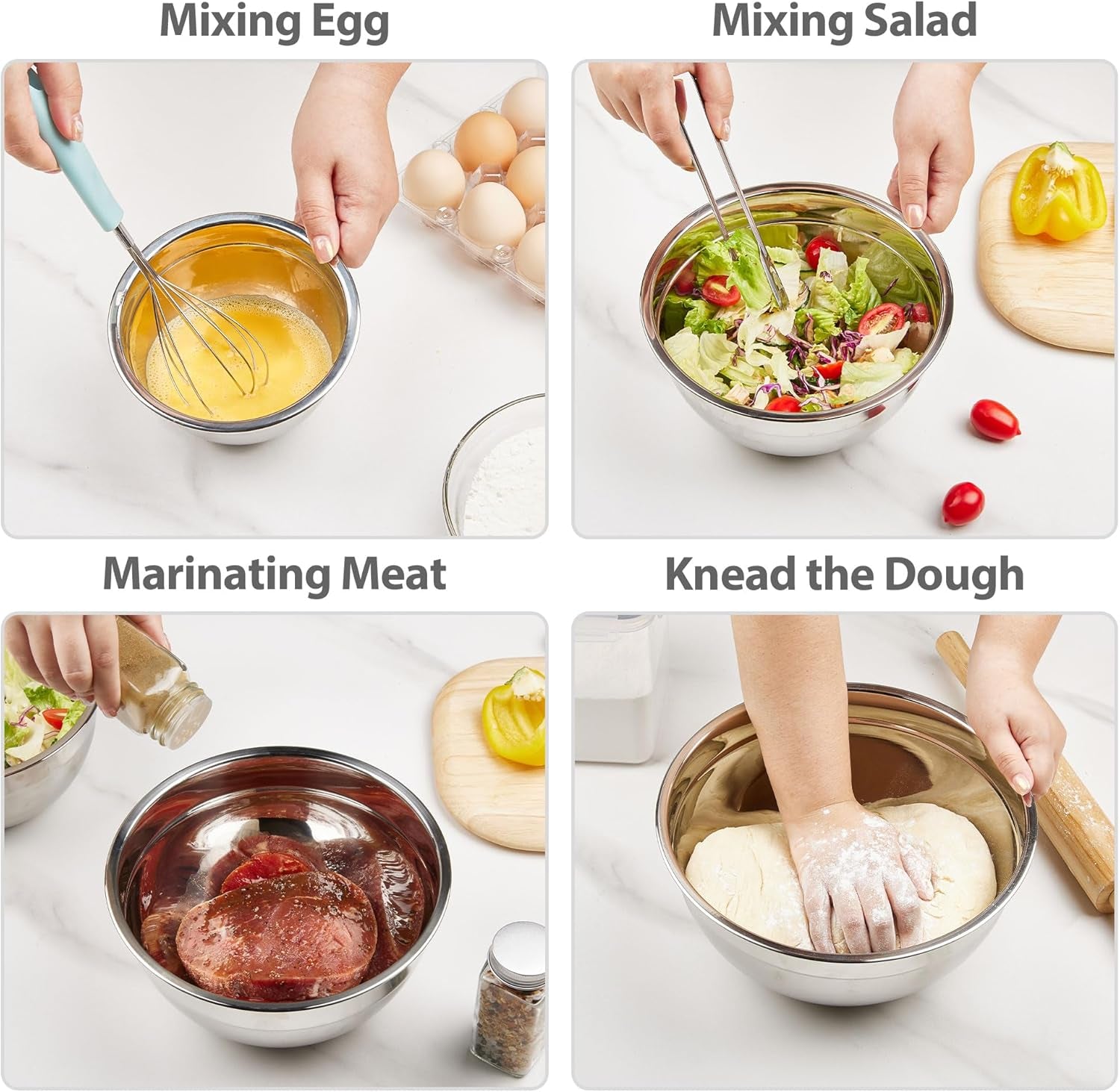 7 Piece Metal Mixing Bowls with Lids for Kitchen, Stainless Steel Set Ideal for Baking, Prepping, Cooking and Serving Food, Nesting Design for Space Saving Storage