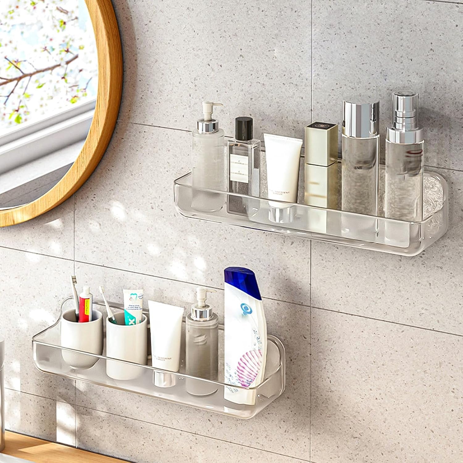 2Pc Acrylic Wall Mount Organizer, Adhesive Shelf, Bathroom Shelves for Wall, Self Adhesive Organizer, Shower Caddies, No Drilling Hang Wall,With 3Pack Tapes, for Bathroom, Kitchen, Living Room