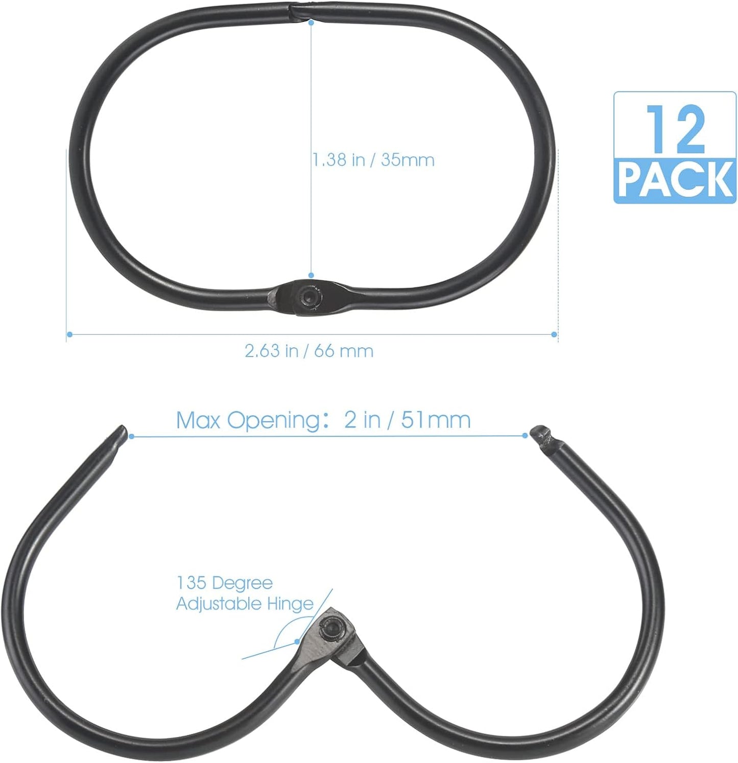 Shower Curtain Rings, 12 Pcs Shower Curtain Hooks, Oval Snap Shower Rings for Curtain, Metal Black Shower Curtain Rings Rust Proof, Glide Smoothly Shower Hooks for Shower Curtain Rod (Black)