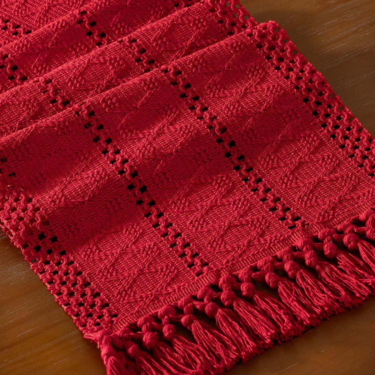 Boho Macrame Table Runner Fall Farmhouse Woven Small Table Runner with Tassels 36 Inches Red Cotton Linen Kitchen Table Centerpiece for Dining Dresser Home Tea Table Decor