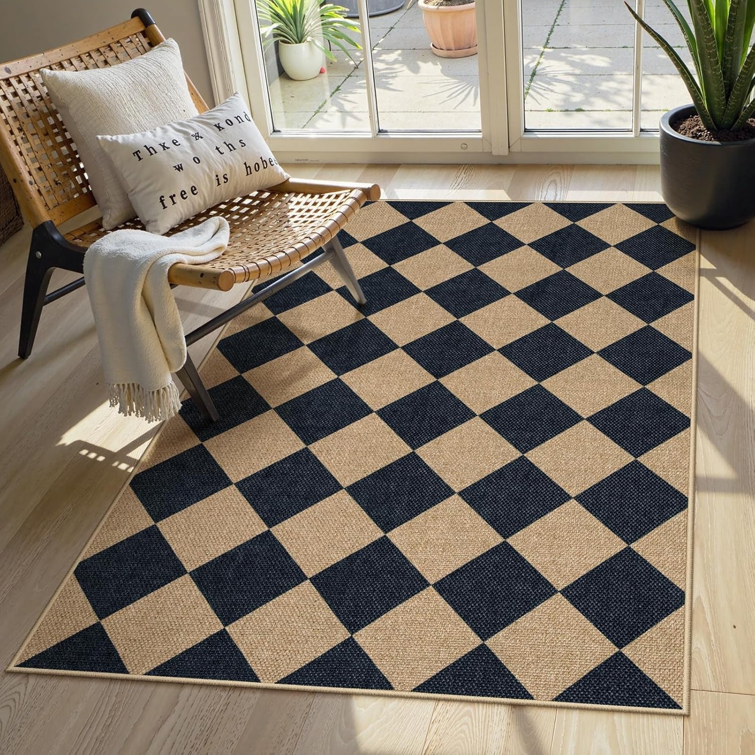 Checkered Easy Jute 3X5 Outdoor Patio Rug, Washable Rugs for Entryway Diamond Indoor Outdoor Living Room Carpet, Farmhouse Neutral Non Slip Black Door Carpet for Backyard Bedroom