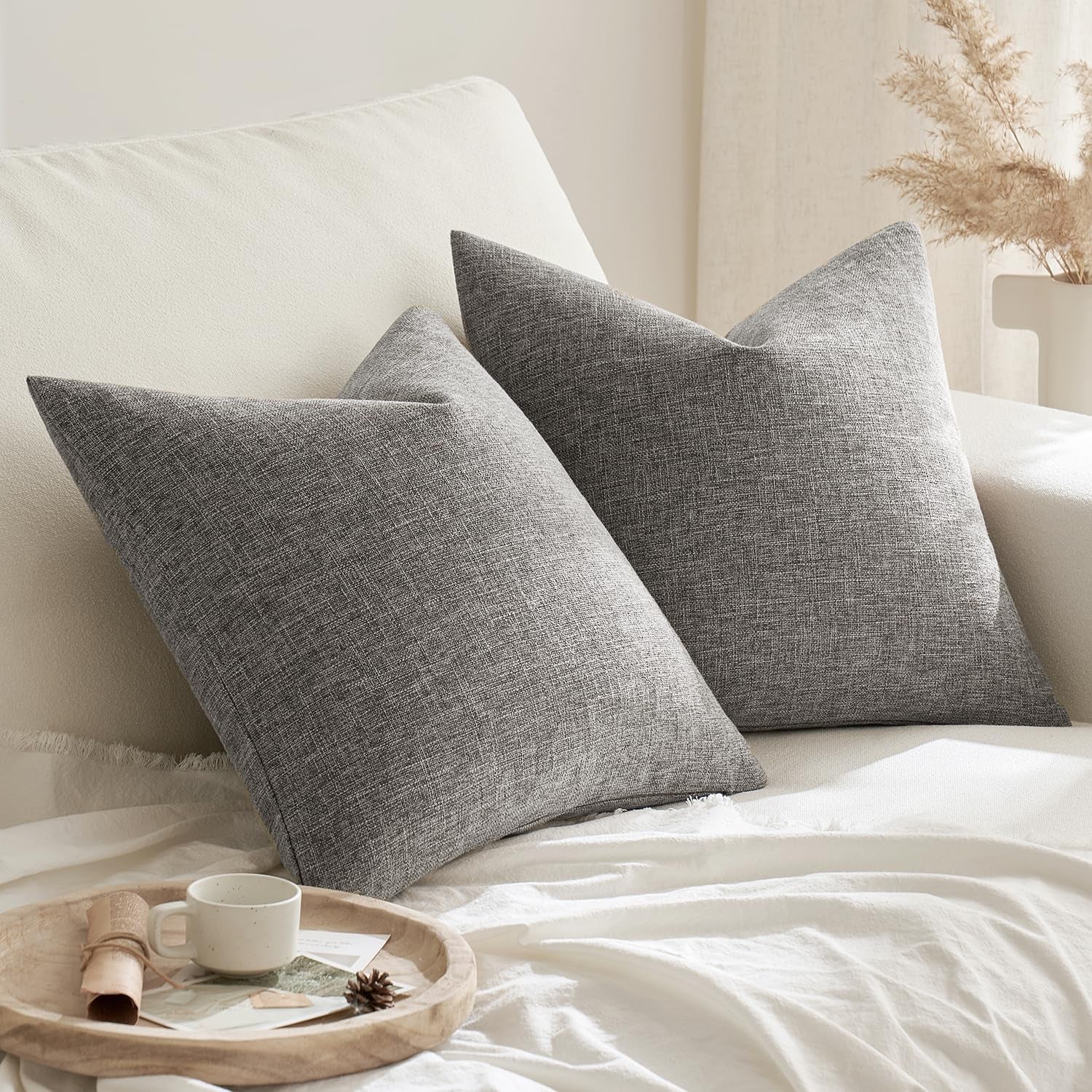Pack of 2 Decorative Farmhouse Linen Pillow Covers Rustic Boho Accent Outdoor Couch Throw Pillow Covers for Cushion Bed Sofa Living Room Home Decor 18X18 Inch Grey
