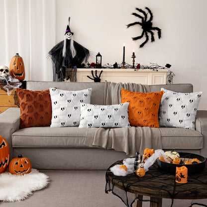 Halloween Pillow Covers Set of 2 White Ghost Decorative Soft Throw Pillows Plush Faux Fur Wool Couch Cushion Case for Fall Decor Chair Sofa Bedroom Living Room 18X18 Inch