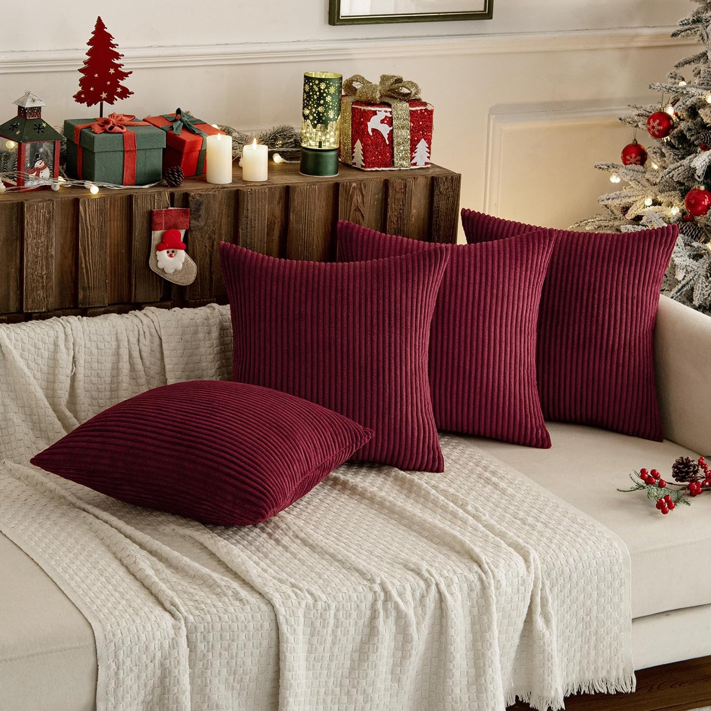 Boho Farmhouse Throw Pillow Covers 16X16 Inch Set of 4 Mordern Nordic Cushion Covers Soft Corduroy Christmas Home Decor for Couch Bed Sofa Living Room Burgundy