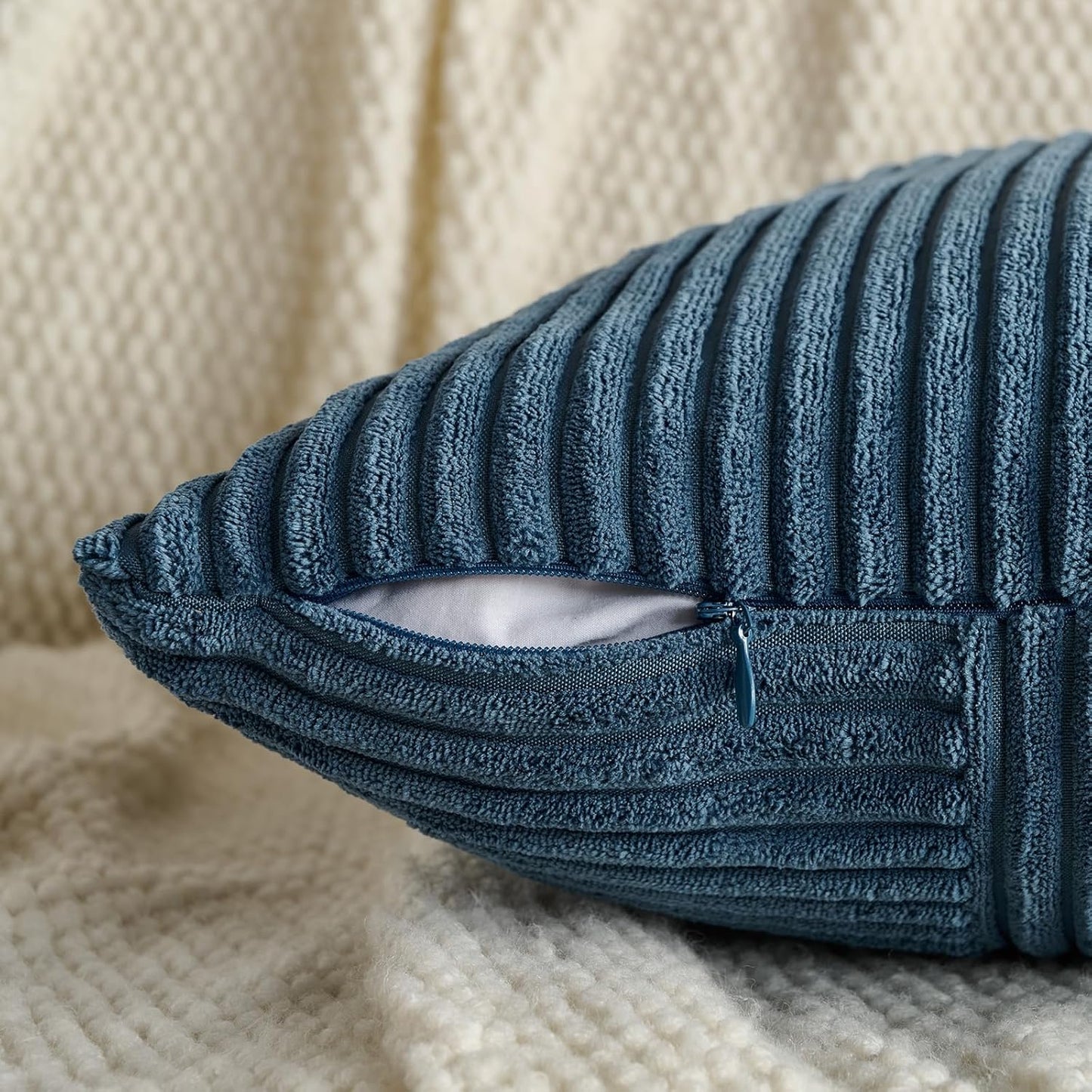 Set of 2 Dusty Blue Lumbar Boho Decorative Throw Pillow Covers 12X20 Inch for Living Room Bedroom Couch, Modern Farmhouse Home Decor, Soft Striped Patchwork Plaid Corduroy Cushion Case