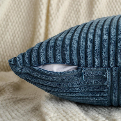 Set of 2 Dusty Blue Lumbar Boho Decorative Throw Pillow Covers 12X20 Inch for Living Room Bedroom Couch, Modern Farmhouse Home Decor, Soft Striped Patchwork Plaid Corduroy Cushion Case