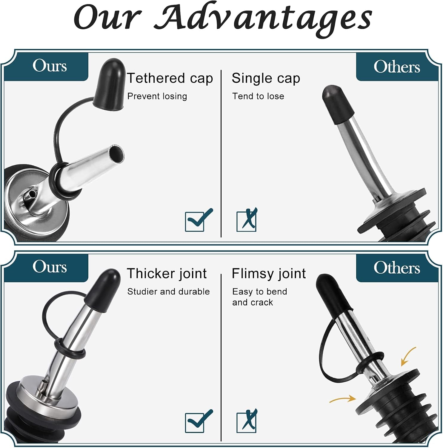 12 Pack Liquor Pour Spout, Stainless Steel Liquor Bottle Pourers with Rubber Dust Caps for Alcohol, Olive Oil, Liquor Pourers with Dust Caps, Speed Pourers, Bar Bartender Accessories