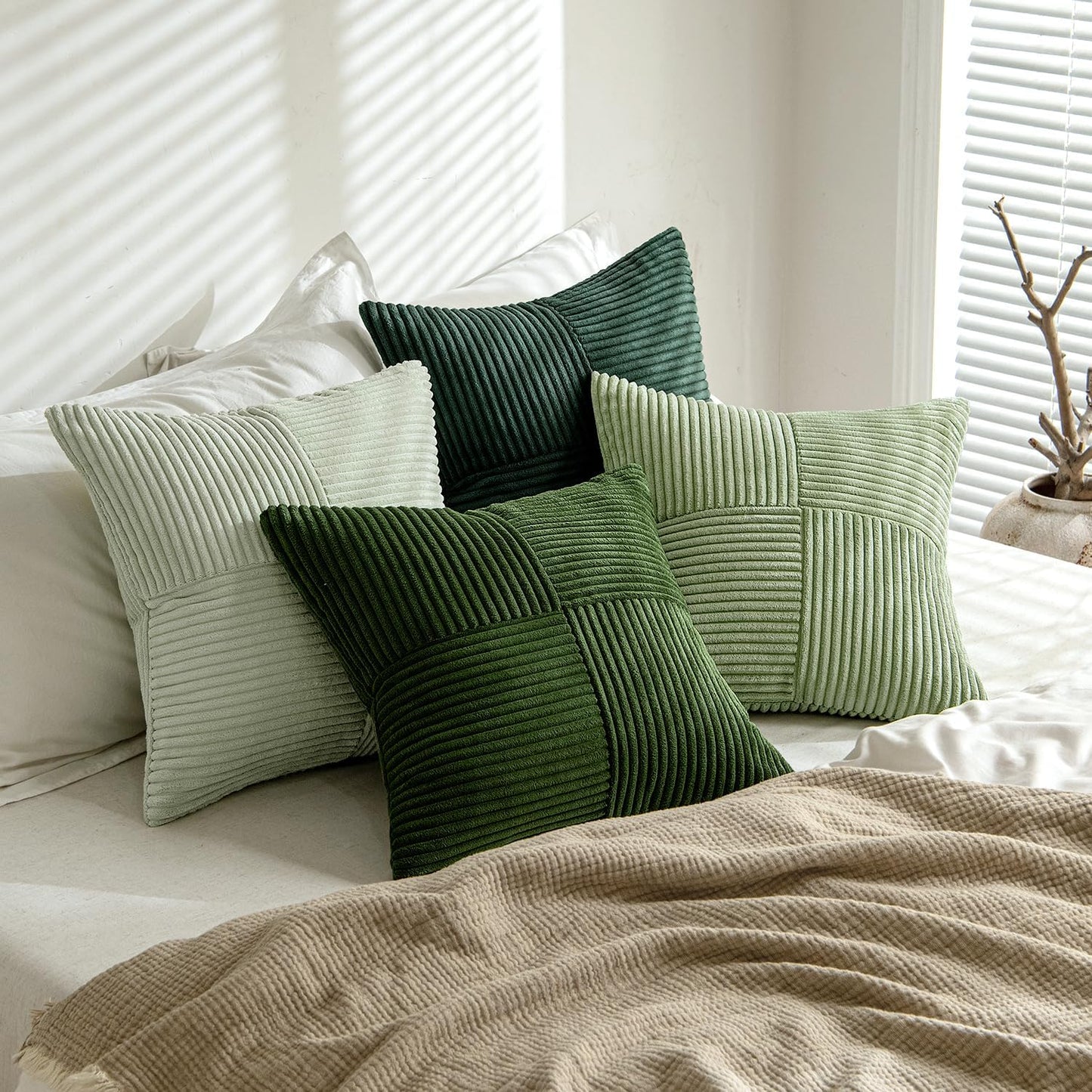 Christmas Green Decorative Throw Pillow Covers 18X18 Inch Set of 4 Boho Farmhouse Cushion Covers Mordern Nordic Pillow Cases Soft Corduroy Gradient Home Decor for Couch Sofa Living Room Bed