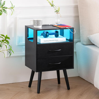 LED Night Stand with Charger Station, Mid Century Modern Nightstand with Fabric Drawers, Bedside Table Nightstands with Storage Shelf, Bed Side Table Small Night Stands for Bedroom Living Room
