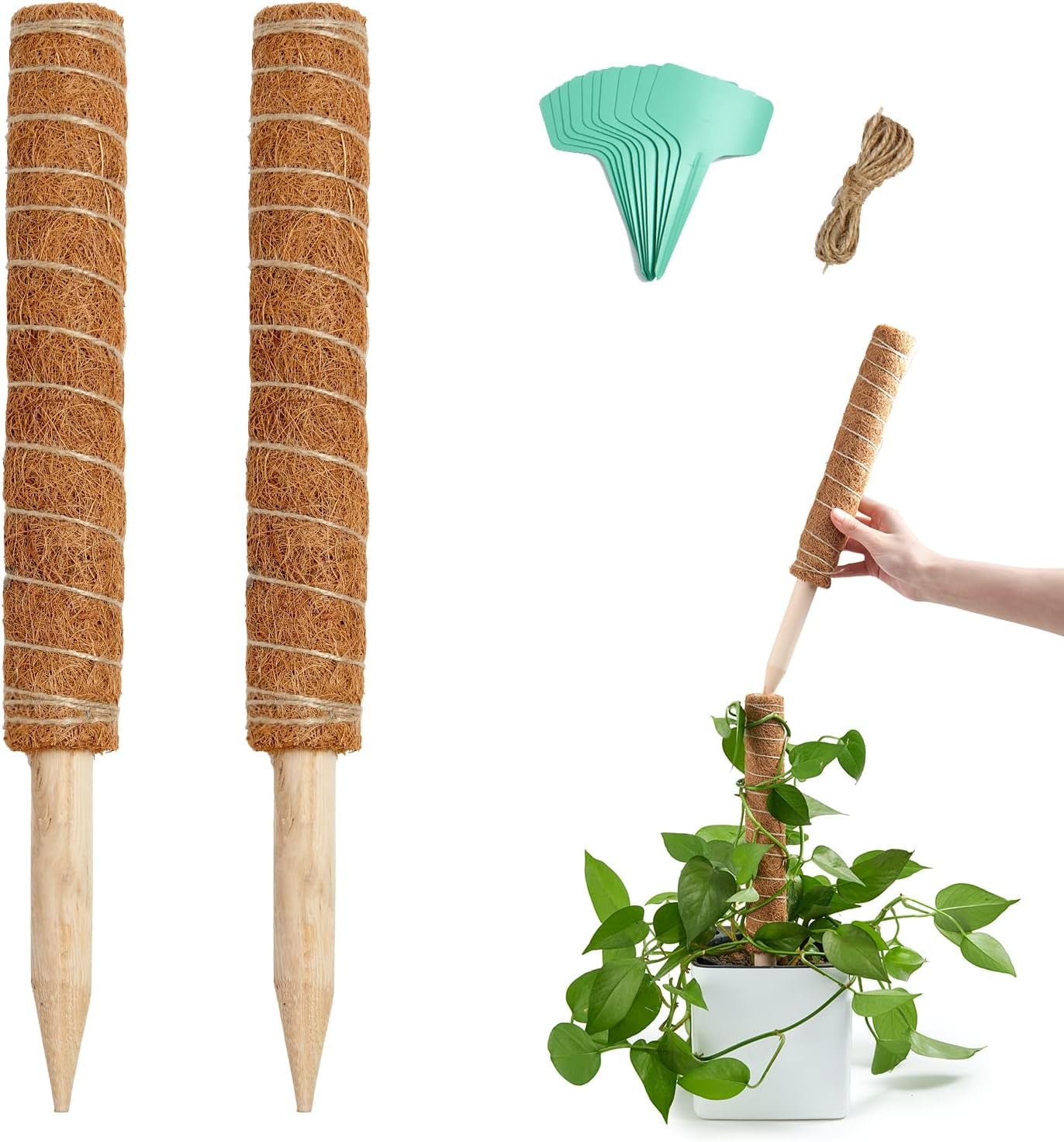 26.4 Inch Moss Pole Monstera Plant Support, 2 Pcs 15.7 Inch Moss Pole for Plants Monstera, Plant Stakes for Indoor Plants with Jute Rope and Name Label