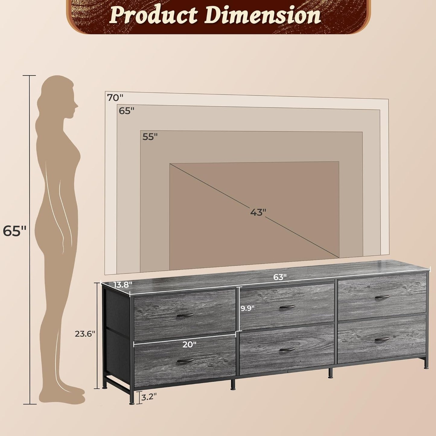 63-Inch Dresser and TV Stand Combination for Bedrooms, Accommodates 55 to 70 Inch TVs, Features 6 Fabric-Drawer Storage Solution, Ideal for Bedroom and Entryway, Grey Finish