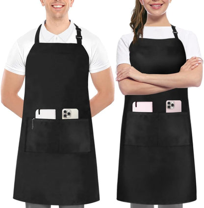 2 Pack Bib Apron, Adjustable with 2 Pockets, Water and Oil Resistant, Cooking Kitchen Chef Apron for Women Men